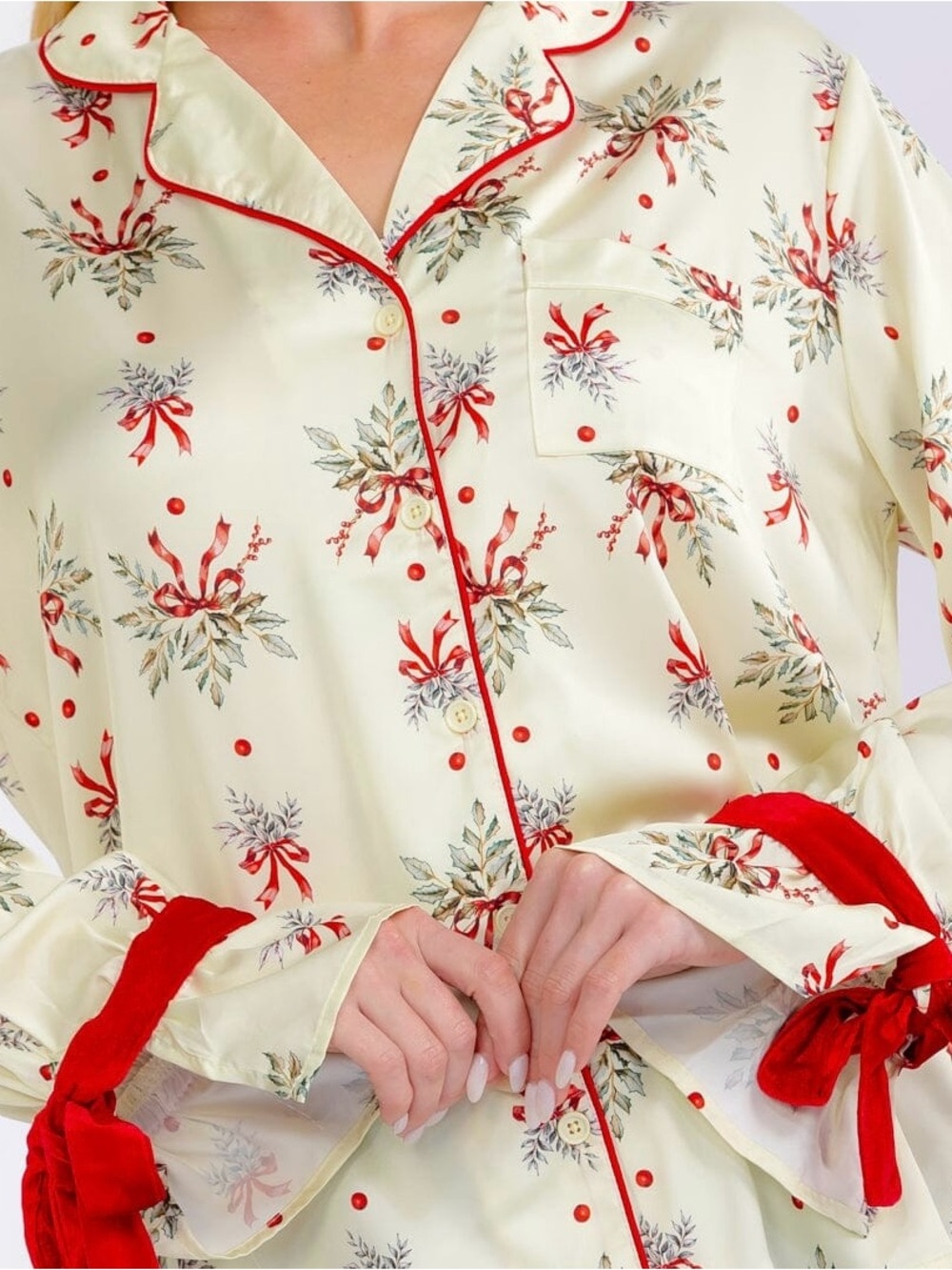 Holly Branches Floral Satin Pajama Top with Red Trim - Fantastic Fawn